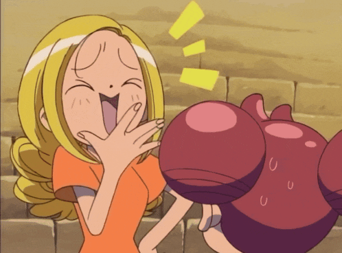 a cartoon girl with blonde hair is covering her mouth