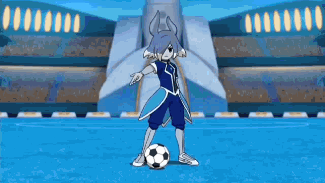 a cartoon character is standing next to a soccer ball on a field .