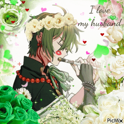 a picture of a man playing a flute with the words " i love my husband " in the corner