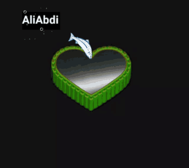 a heart shaped box with a fish inside of it and the name aliabdi on the bottom