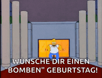 homer simpson is standing in front of a door in a room with columns and a red carpet .