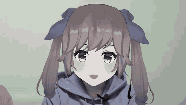 a girl with pigtails is wearing a purple sweatshirt
