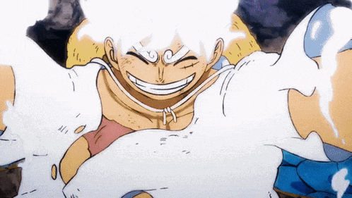 a close up of a cartoon character with white hair and a smile on his face