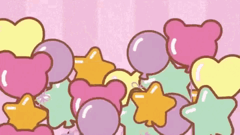 a bunch of balloons in the shape of hearts , stars , and bears are floating in the air .