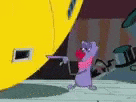 a cartoon cat is pointing at a yellow object