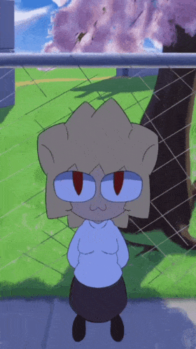 a cartoon character is standing in front of a fence with flowers in the background