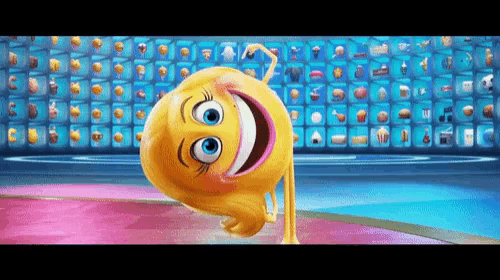 a cartoon smiley face is doing a handstand in front of a wall of emojis .