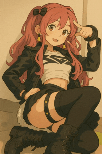 a girl with red hair is wearing a black jacket and knee high stockings