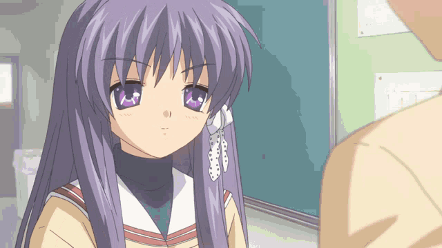 a girl with purple hair and purple eyes is talking on a phone