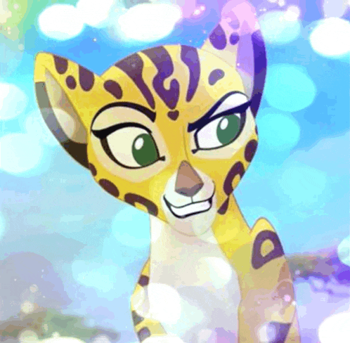 a cartoon leopard with green eyes is smiling and looking at the camera with a blue sky in the background .