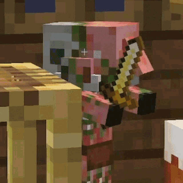 a minecraft character holding a sword with a cross on it