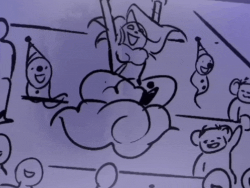 a drawing of a woman on a cloud with a party hat on