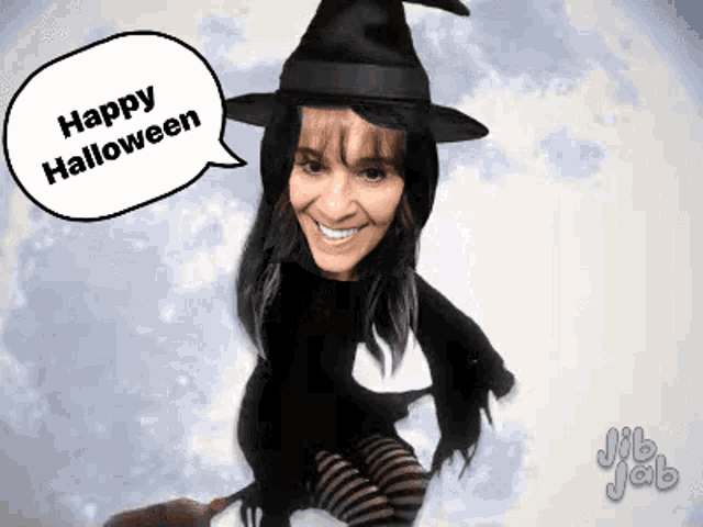 a woman in a witch costume is flying on a broom with a speech bubble that says happy halloween