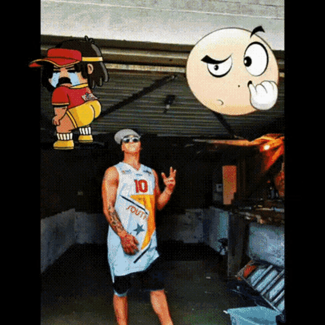 a man wearing a number 10 jersey stands in front of a cartoon character