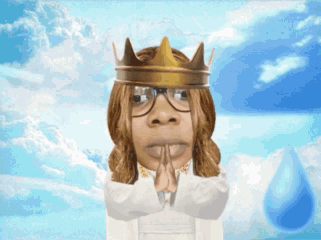 a woman wearing a crown and glasses is praying with her hands folded