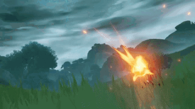 a person is holding a sword in a video game and a beam of light is coming from it .