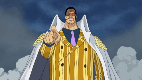 a man in a yellow striped suit and purple tie is pointing at the camera