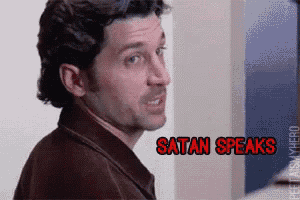 a man in a brown jacket says satan speaks in red letters