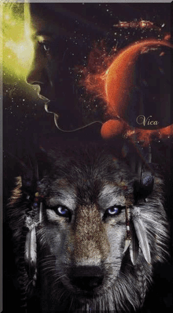 a painting of a man and a wolf with the name vica on the bottom right