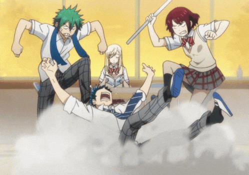 a group of anime characters are fighting with one girl holding a sword