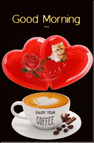 a cup of coffee sits on a saucer next to two hearts and a rose