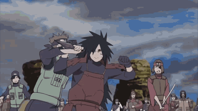 a cartoon of a man holding a sword and another man holding a sword in front of a group of people