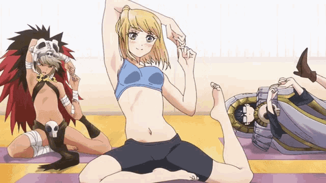 a girl in a blue top is stretching her arms
