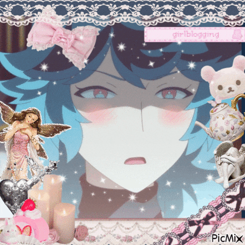 a picture of a girl with blue hair is surrounded by candles and a pink bow