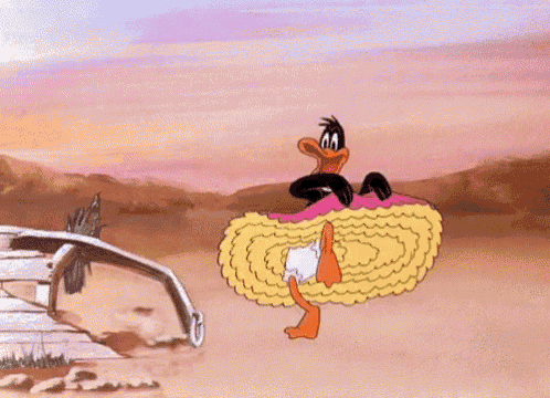 a cartoon of a duck wearing a pink and yellow dress is flying through the air .