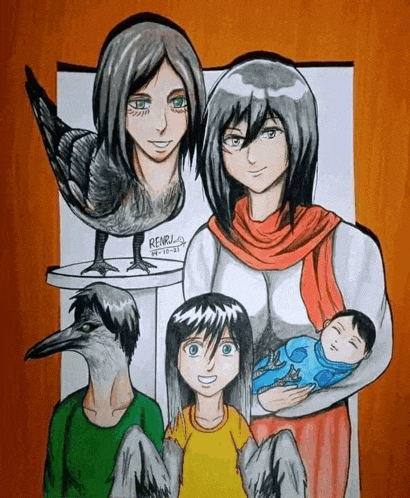a drawing of a family with birds and a baby