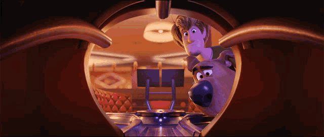 scooby doo and shaggy are looking out of a window