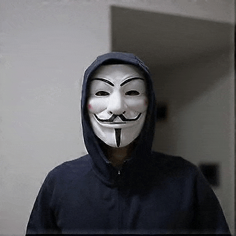 a man wearing a hooded jacket and a anonymous mask is standing in a room .