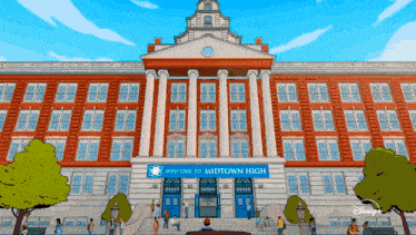 a cartoon drawing of a high school with a welcome to midtown high banner