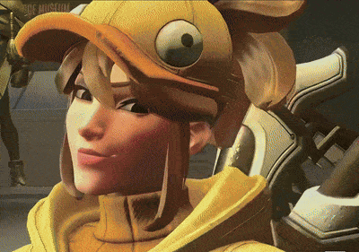a woman wearing a duck hat with a large eye