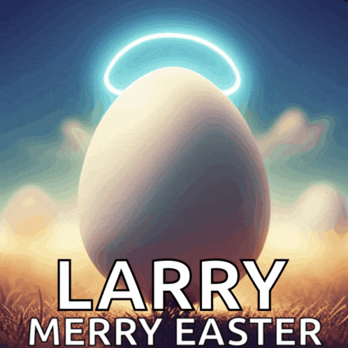 a poster that says larry merry easter with a white egg