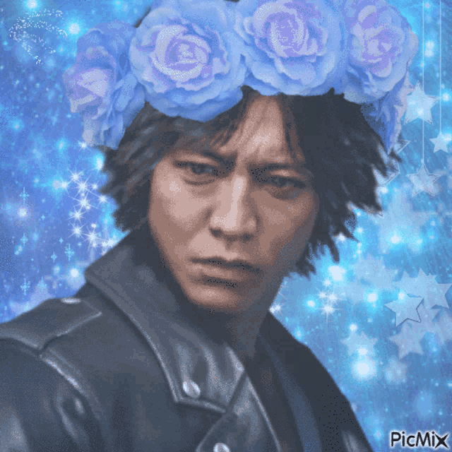 a picture of a man with a flower crown on his head with picmix written on the bottom