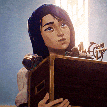 a cartoon girl is holding a wooden box with a mechanical arm on it