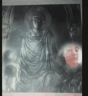 a painting of a statue with a woman 's face in the background