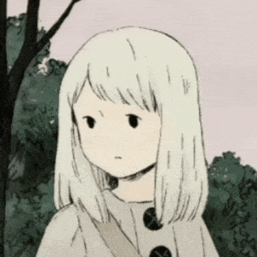 a drawing of a girl with white hair and a serious look on her face