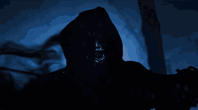 a person with a hood on holding a sword in a dark room