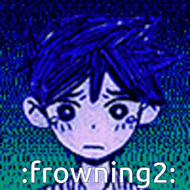 a drawing of a boy with blue hair and the words `` frowning 2 '' written on it .