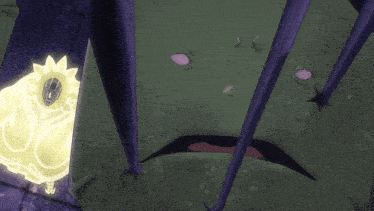 a cartoon drawing of a yellow object with a face on it and a green object with a face on it