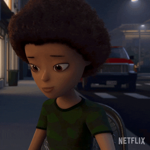 a cartoon character from netflix is standing on a street