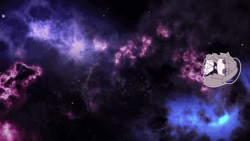 a cartoon character is flying through a galaxy with purple and blue clouds