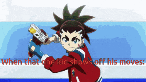 a boy in a red jacket is holding a toy gun in his hands .