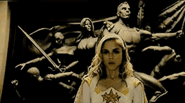 a woman in a white and gold costume is standing in front of a statue .
