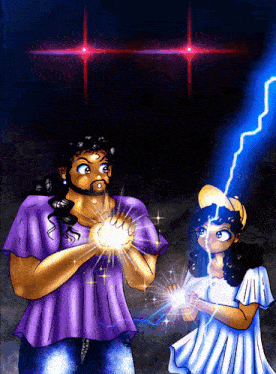 a cartoon of a man and a girl with lightning strikes