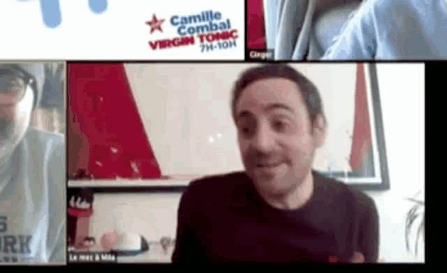 a man is on a video call with a sign that says camille combat virgin tonic