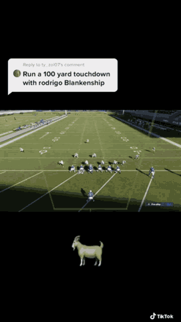 a screenshot of a football game with a goat in the middle