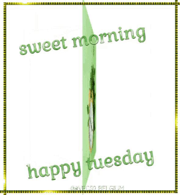 a clock is surrounded by green leaves and the words sweet morning happy tuesday